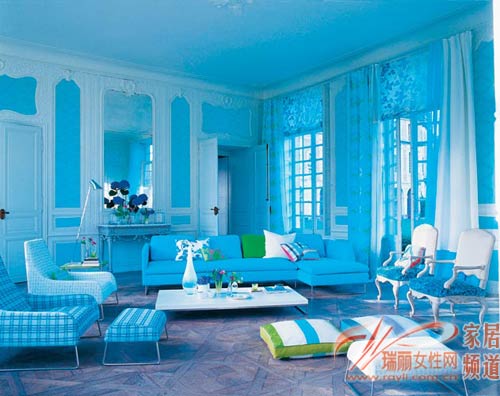 水蓝色布艺 宫廷风格客厅